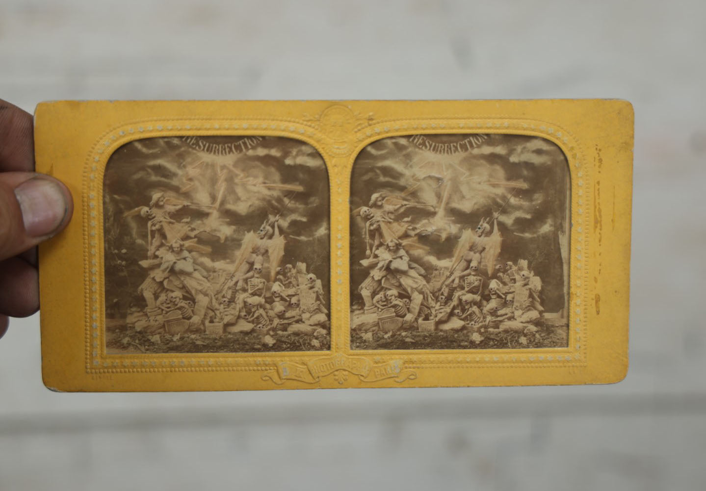 Lot 028 - Antique French Devil And Skeletons Stereograph Card, "Resurrection," By B.K. Photographer, Paris, Color Revealed When Held Up To Light, Note Wear 