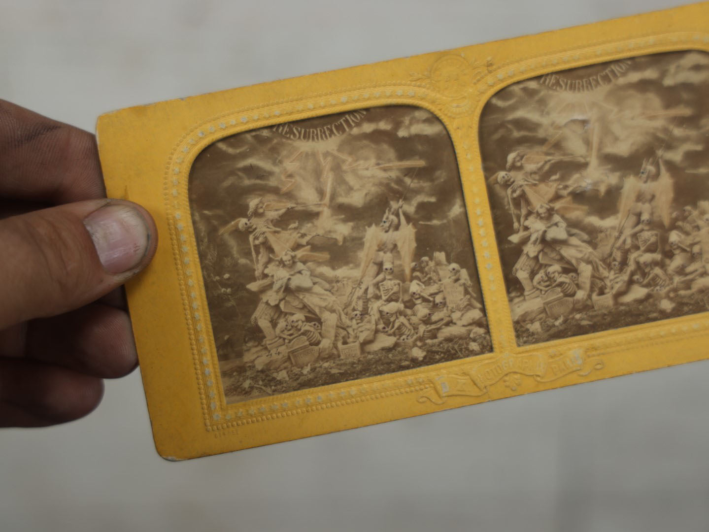 Lot 028 - Antique French Devil And Skeletons Stereograph Card, "Resurrection," By B.K. Photographer, Paris, Color Revealed When Held Up To Light, Note Wear 