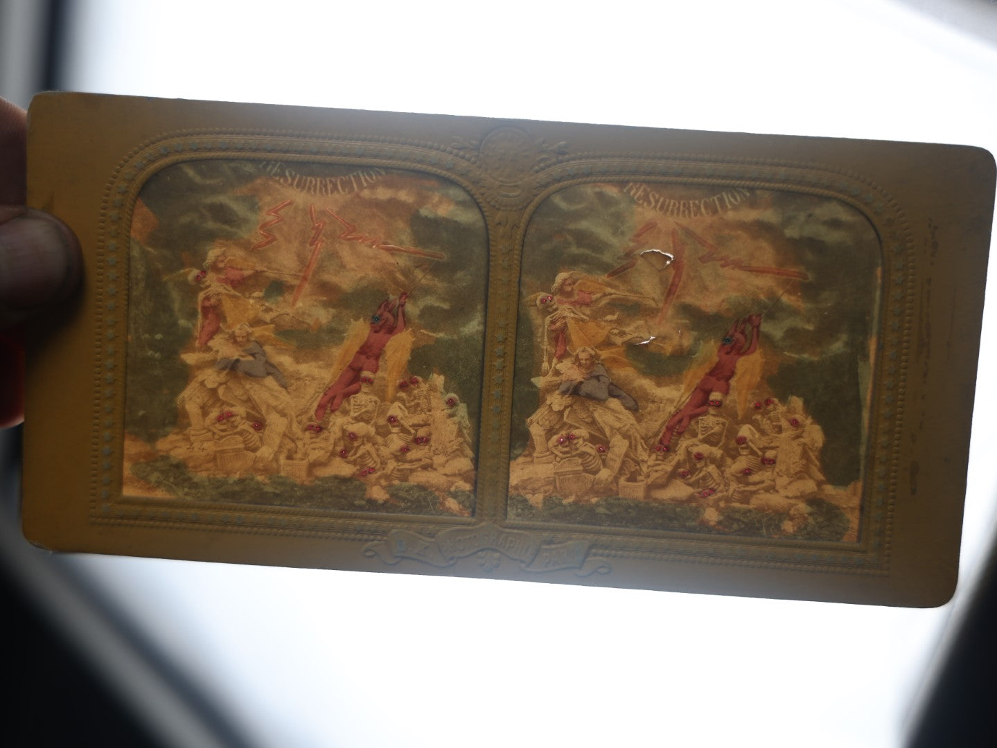 Lot 028 - Antique French Devil And Skeletons Stereograph Card, "Resurrection," By B.K. Photographer, Paris, Color Revealed When Held Up To Light, Note Wear 