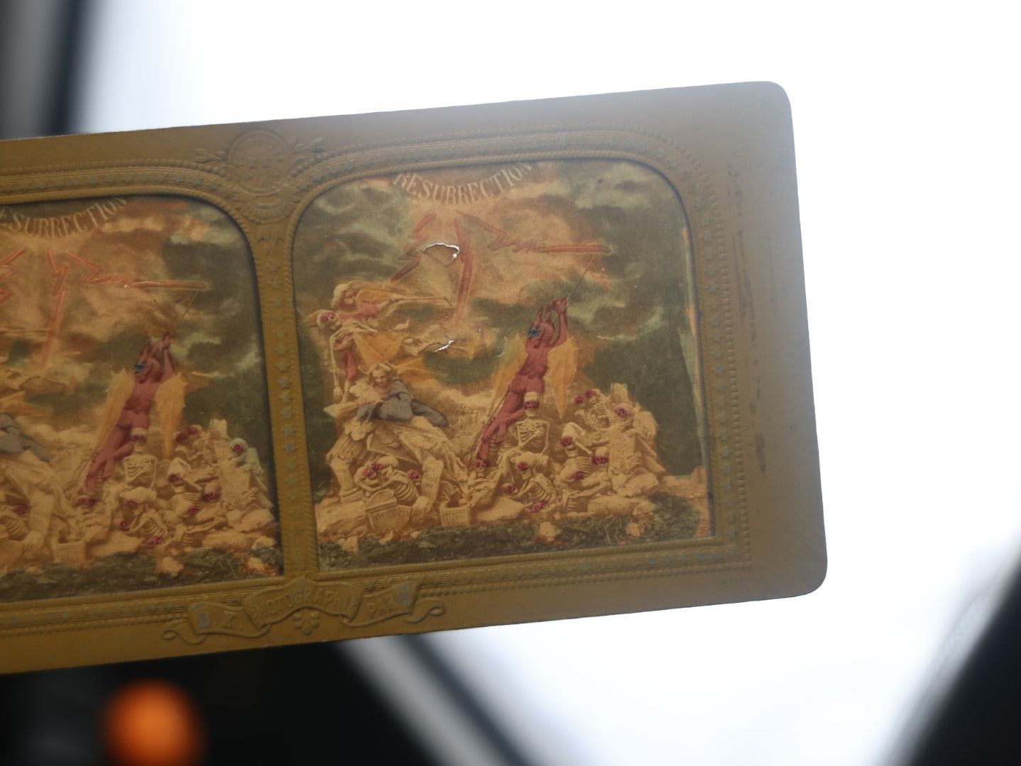 Lot 028 - Antique French Devil And Skeletons Stereograph Card, "Resurrection," By B.K. Photographer, Paris, Color Revealed When Held Up To Light, Note Wear 