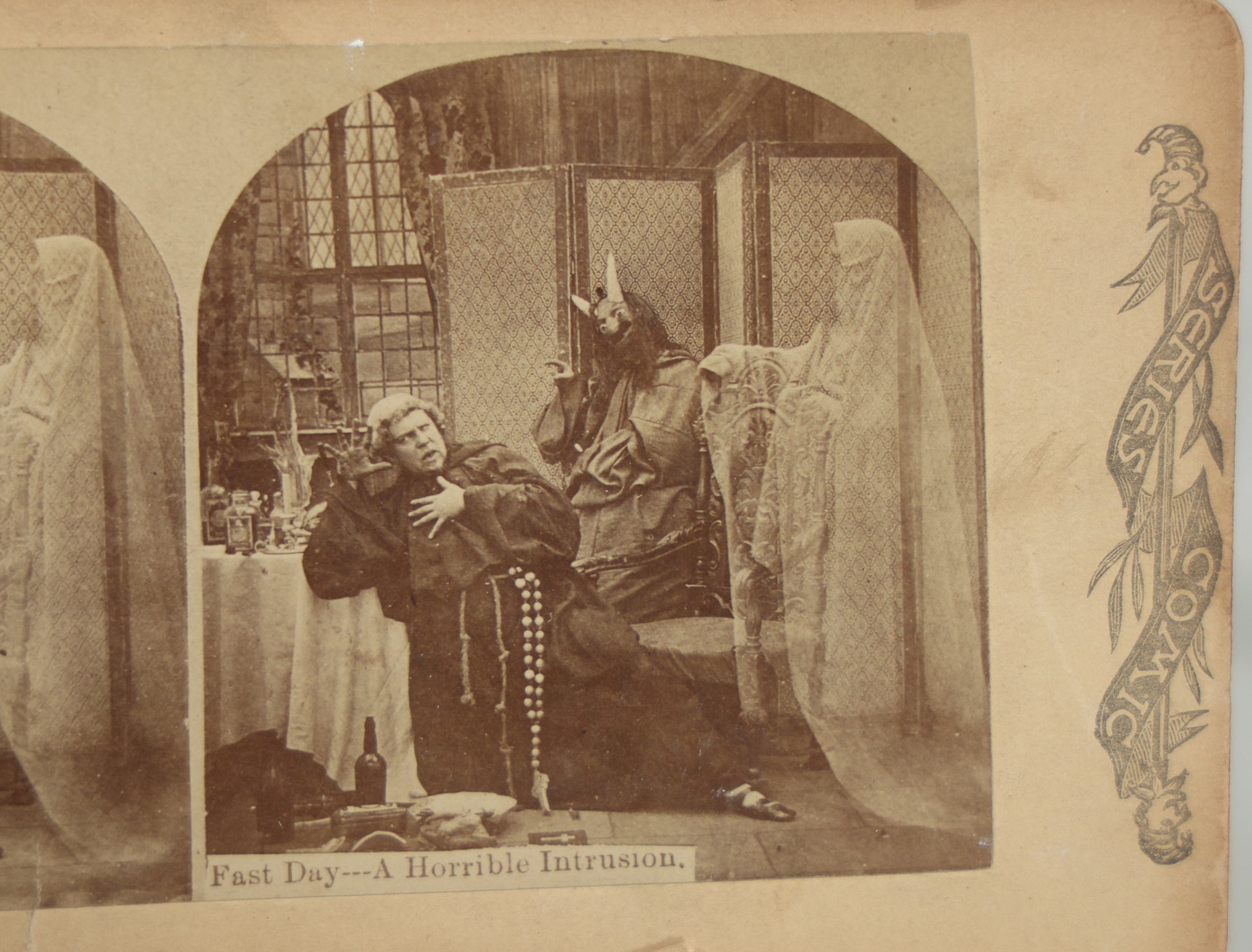 Lot 029 - Antique "Fast Day - A Horrible Intrusion" Stereograph Card With Ghostly Spectre And Demon Attacking Friar, Note Loss To Corner