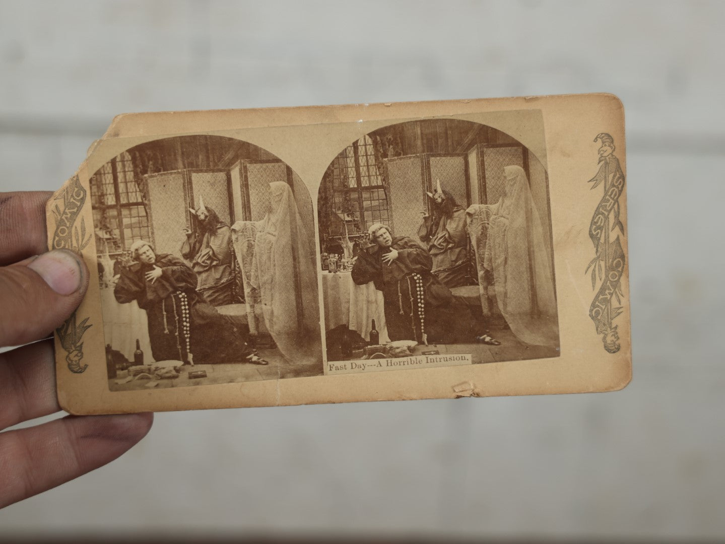 Lot 029 - Antique "Fast Day - A Horrible Intrusion" Stereograph Card With Ghostly Spectre And Demon Attacking Friar, Note Loss To Corner