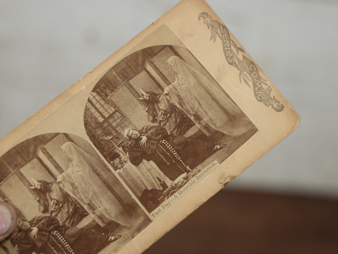 Lot 029 - Antique "Fast Day - A Horrible Intrusion" Stereograph Card With Ghostly Spectre And Demon Attacking Friar, Note Loss To Corner