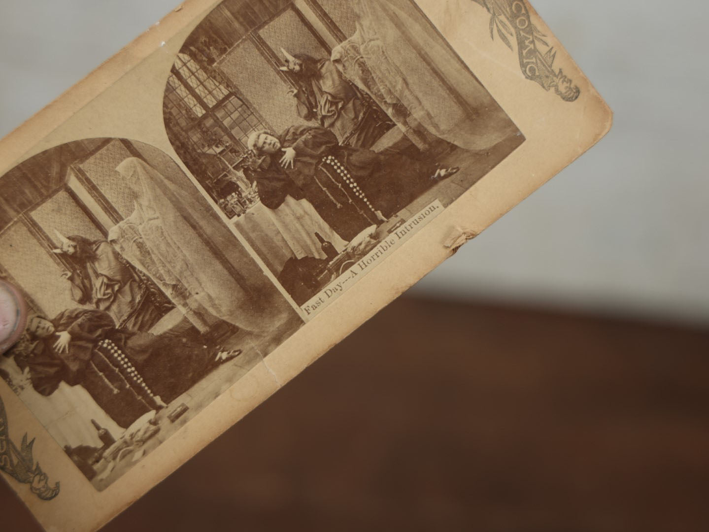 Lot 029 - Antique "Fast Day - A Horrible Intrusion" Stereograph Card With Ghostly Spectre And Demon Attacking Friar, Note Loss To Corner