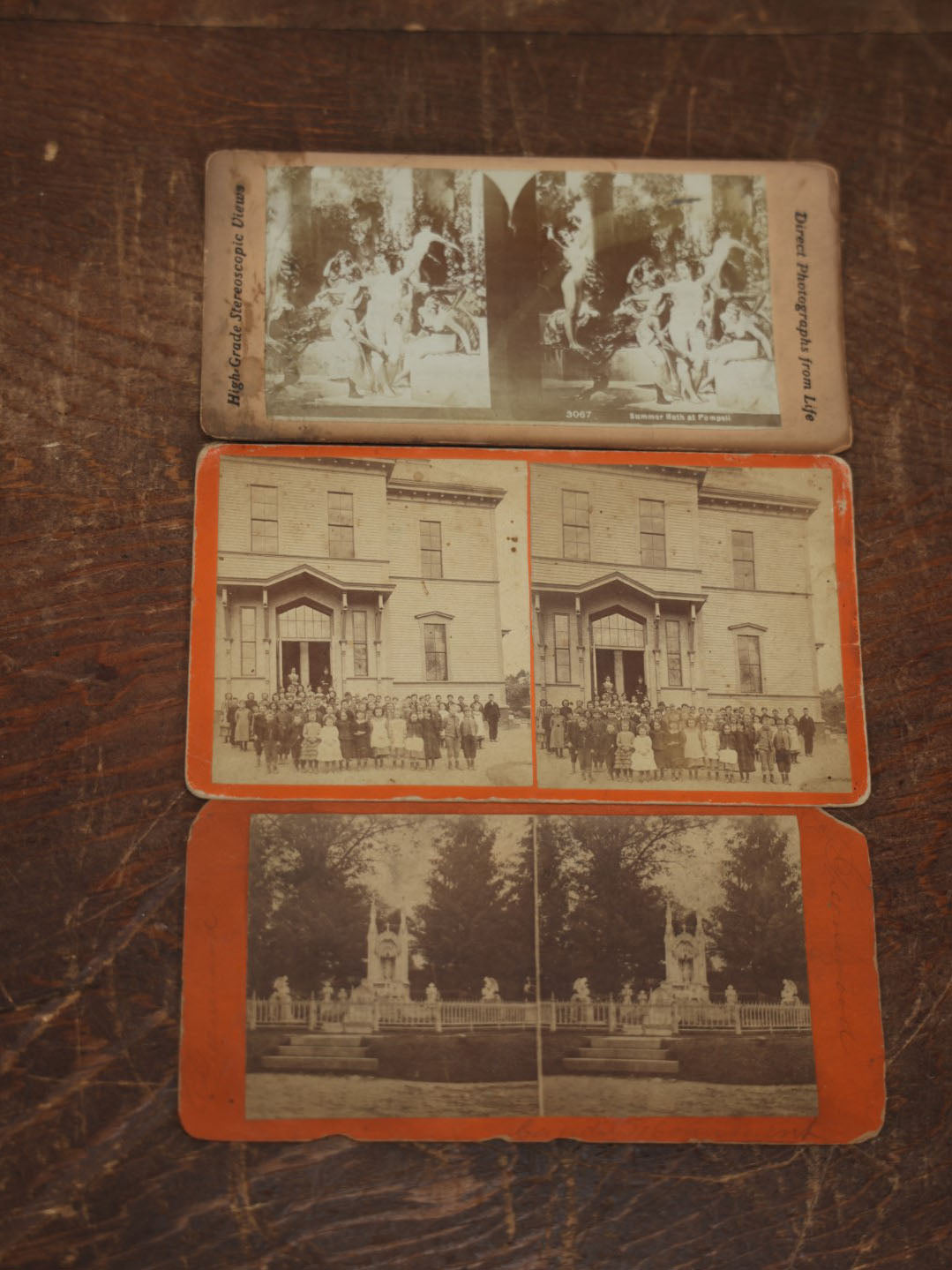 Lot 030 - Grouping Of Three Antique Stereograph Cards - Photo Of Schoolchildren In Front Of Schoolhouse, Greenwood Cemetery, Summer Bath At Pompeii With Nudes