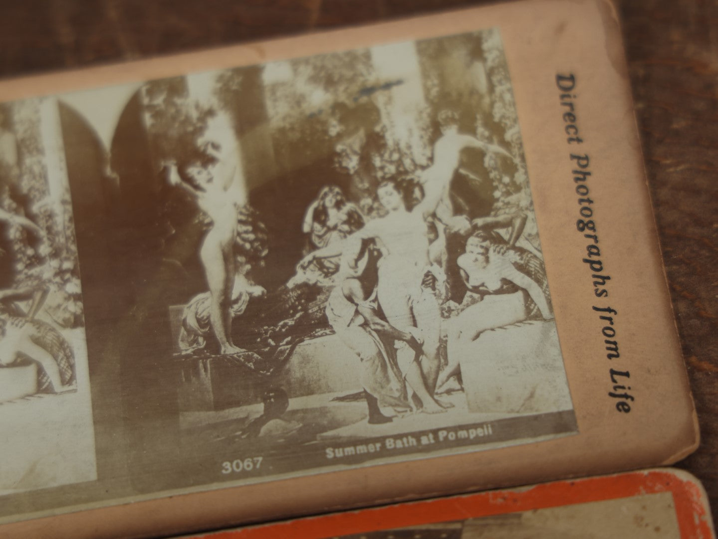 Lot 030 - Grouping Of Three Antique Stereograph Cards - Photo Of Schoolchildren In Front Of Schoolhouse, Greenwood Cemetery, Summer Bath At Pompeii With Nudes