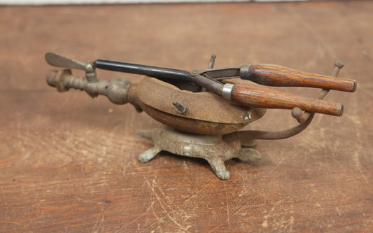 Lot 033 - Antique Cast Iron Gas Curling Iron Heater With Figural Turtle Base, Including Antique Curling Iron With Wood Handles