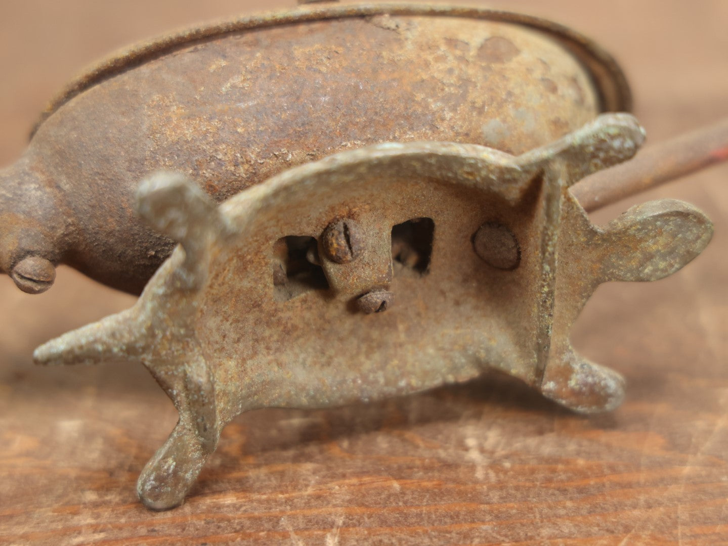 Lot 033 - Antique Cast Iron Gas Curling Iron Heater With Figural Turtle Base, Including Antique Curling Iron With Wood Handles