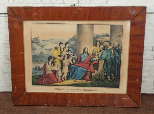 Lot 035 - Christ Blessing Children Antique Hand Colored Lithograph By Kelloggs & Comstock, Hartford, Connecticut, "Suffer Little Children To Come Unto Me And Forbid Them Not"