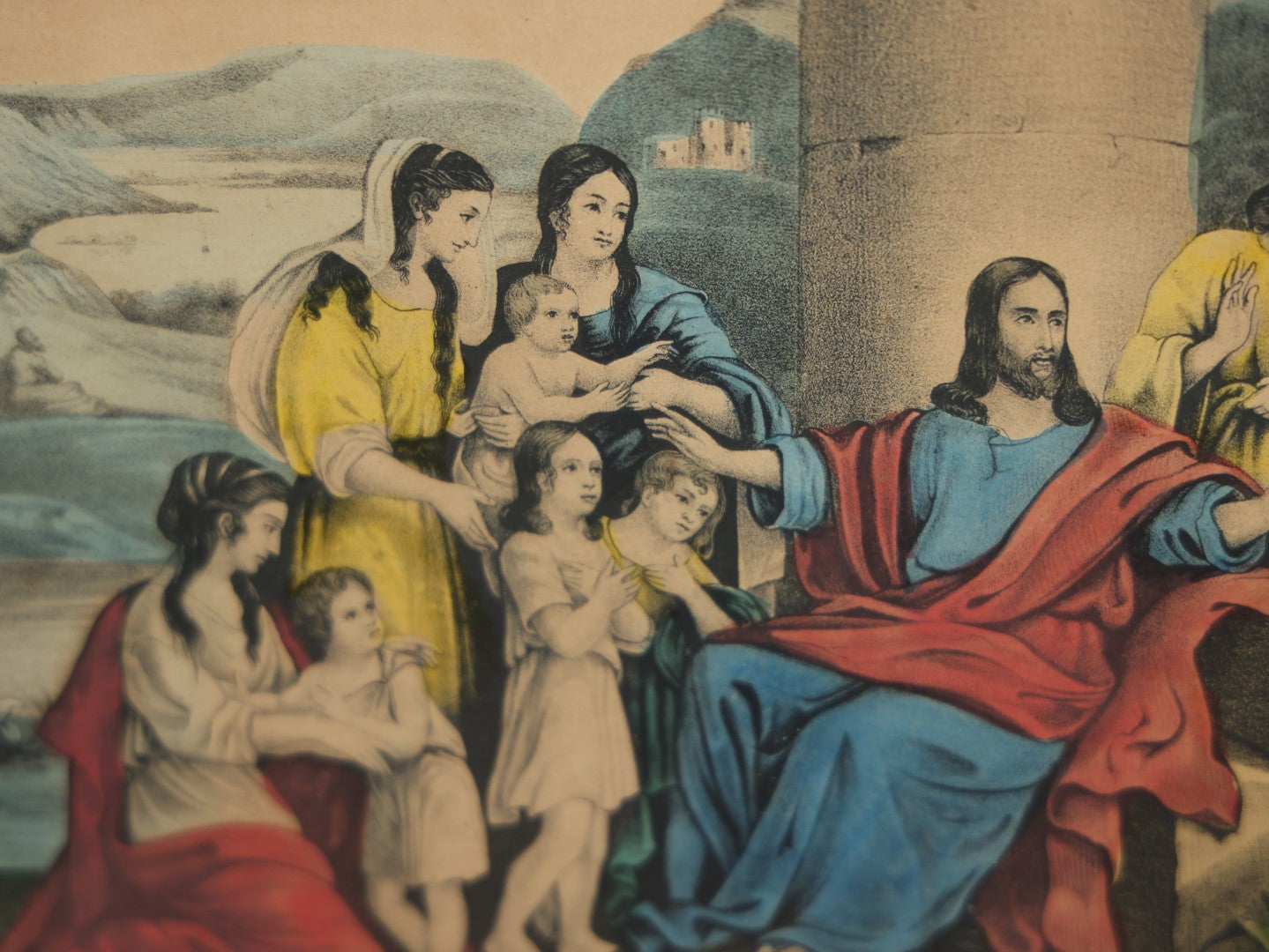 Lot 035 - Christ Blessing Children Antique Hand Colored Lithograph By Kelloggs & Comstock, Hartford, Connecticut, "Suffer Little Children To Come Unto Me And Forbid Them Not"