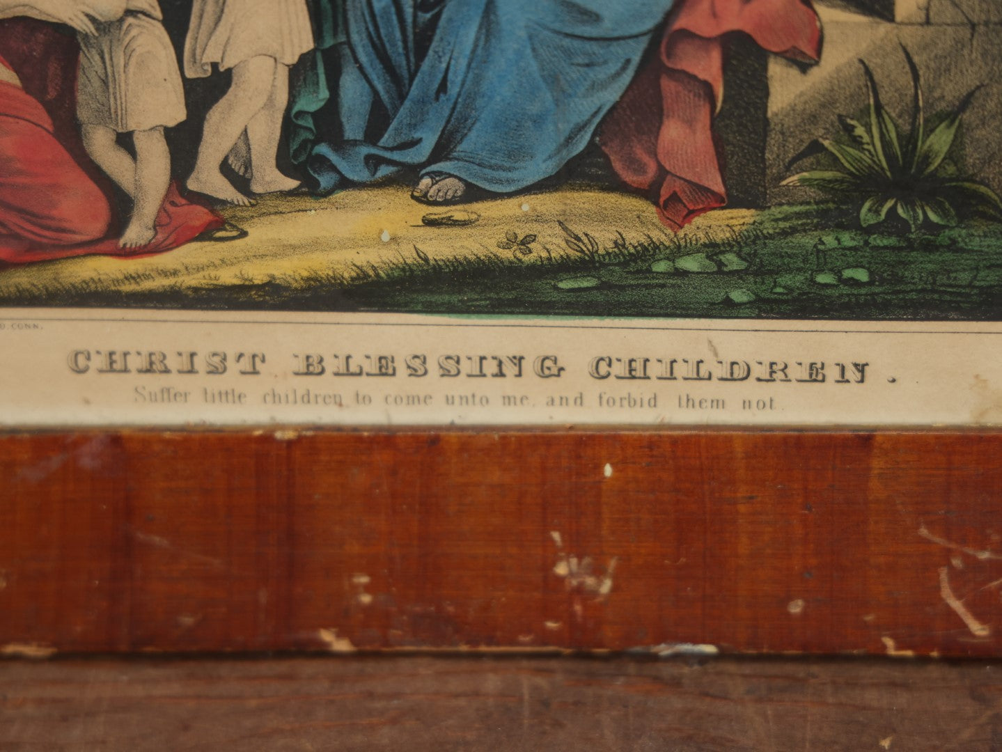 Lot 035 - Christ Blessing Children Antique Hand Colored Lithograph By Kelloggs & Comstock, Hartford, Connecticut, "Suffer Little Children To Come Unto Me And Forbid Them Not"