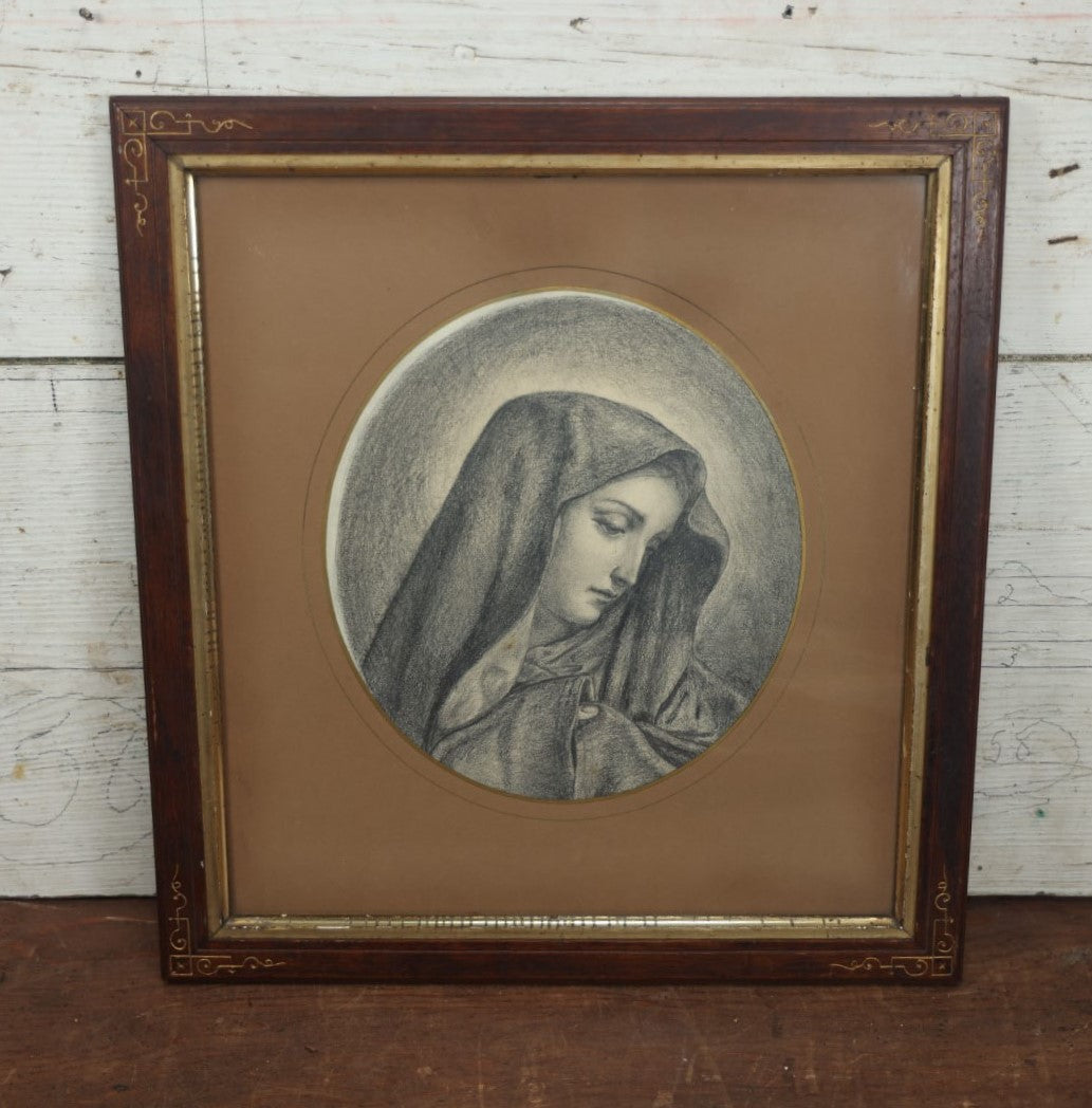 Lot 036 - Antique Hand Drawn Pencil Sketch Of The Virgin Mary In Antique Eastlake Wood Frame, Matted And Behind Glass