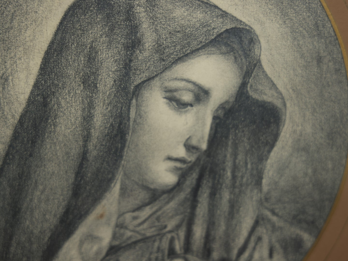 Lot 036 - Antique Hand Drawn Pencil Sketch Of The Virgin Mary In Antique Eastlake Wood Frame, Matted And Behind Glass