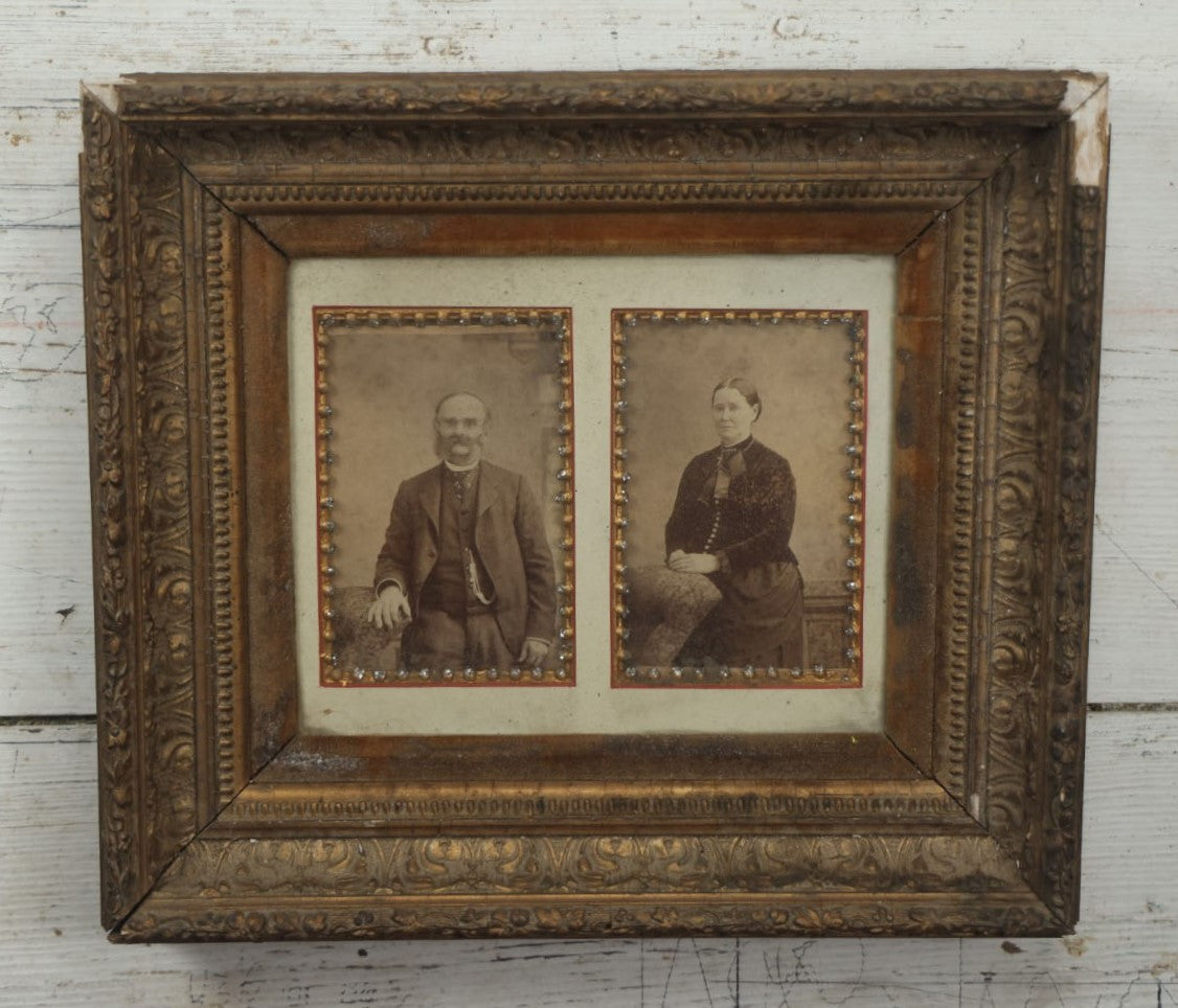 Lot 040 - Unique Framing Of Two Antique Cabinet Card Photos, Likely Of A Husband And Wife, In Deep Ornate Frame, With Custom Mat, Note Losses To Frame