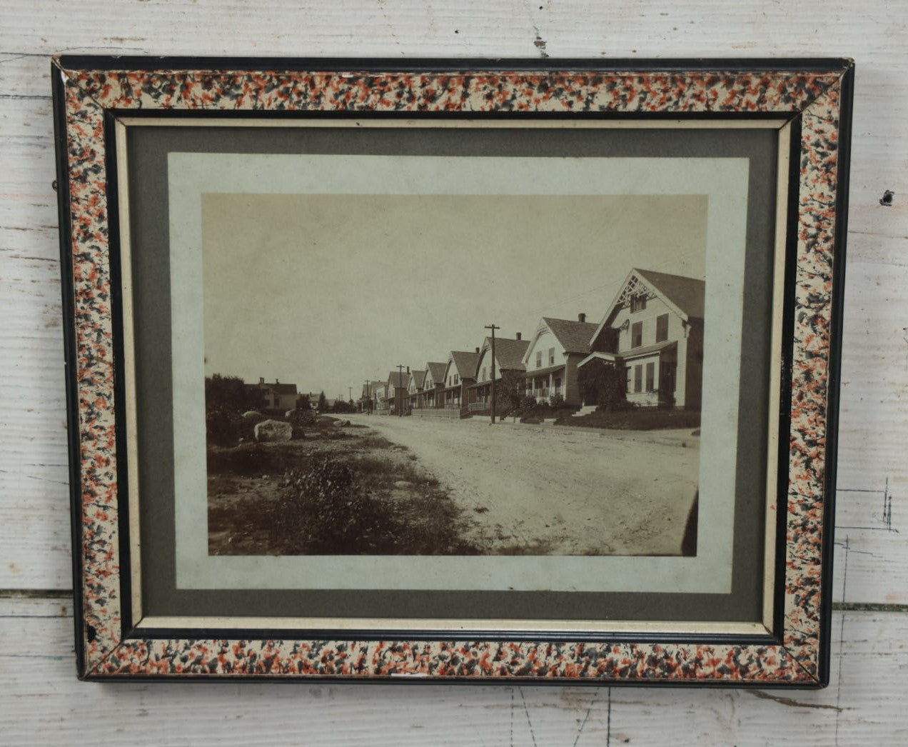 Lot 041 - Antique Framed Photos Of Houses, Likely On Or Near A Beach, In Marbled Antique Frame With Glass, Likely New England