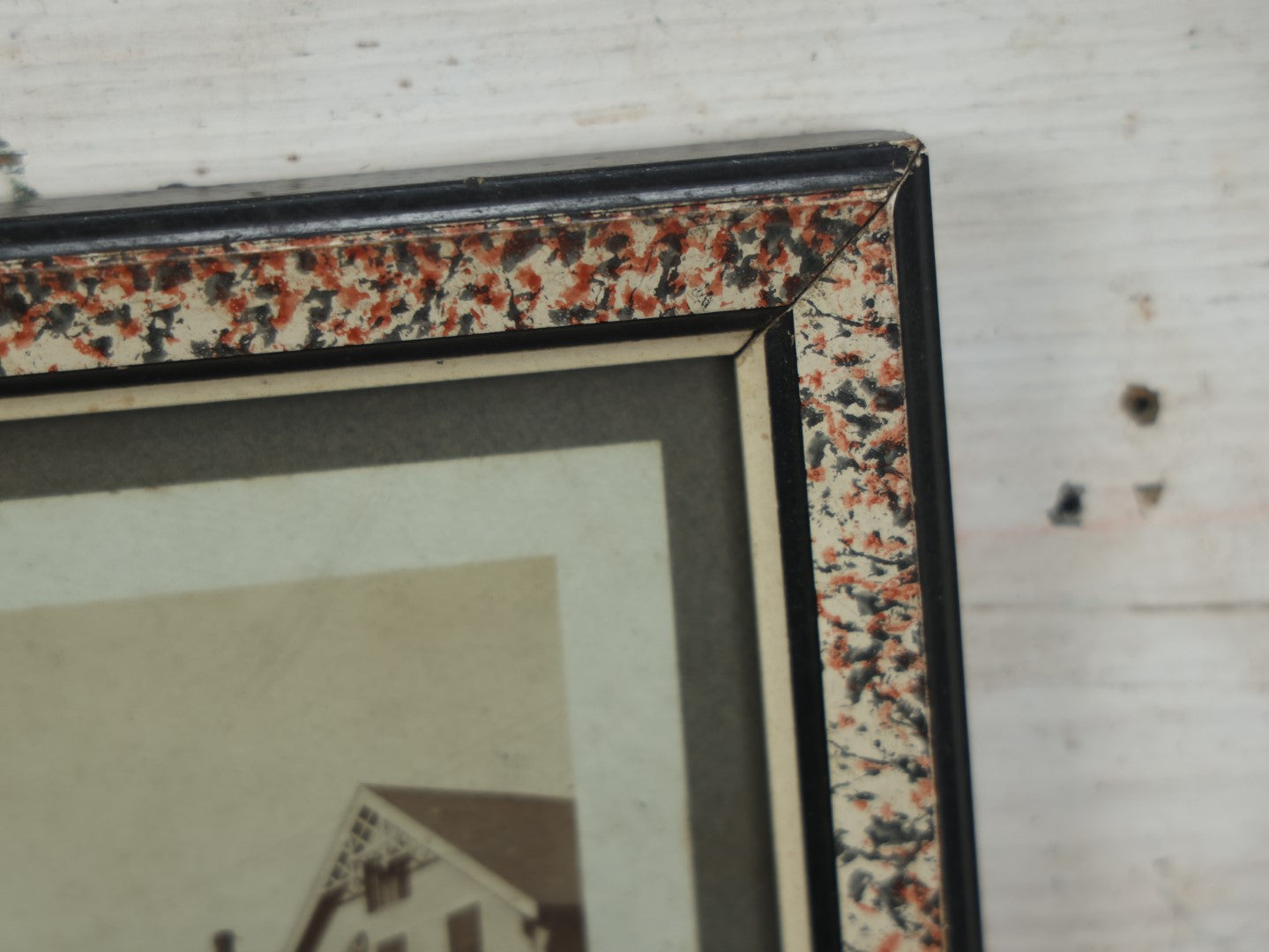 Lot 041 - Antique Framed Photos Of Houses, Likely On Or Near A Beach, In Marbled Antique Frame With Glass, Likely New England