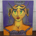 Lot 043 - Vintage Painting On Masonite Of A Strange Goddess Like Woman In Purple Dress, Crown, Signed S. Walshman, 1980