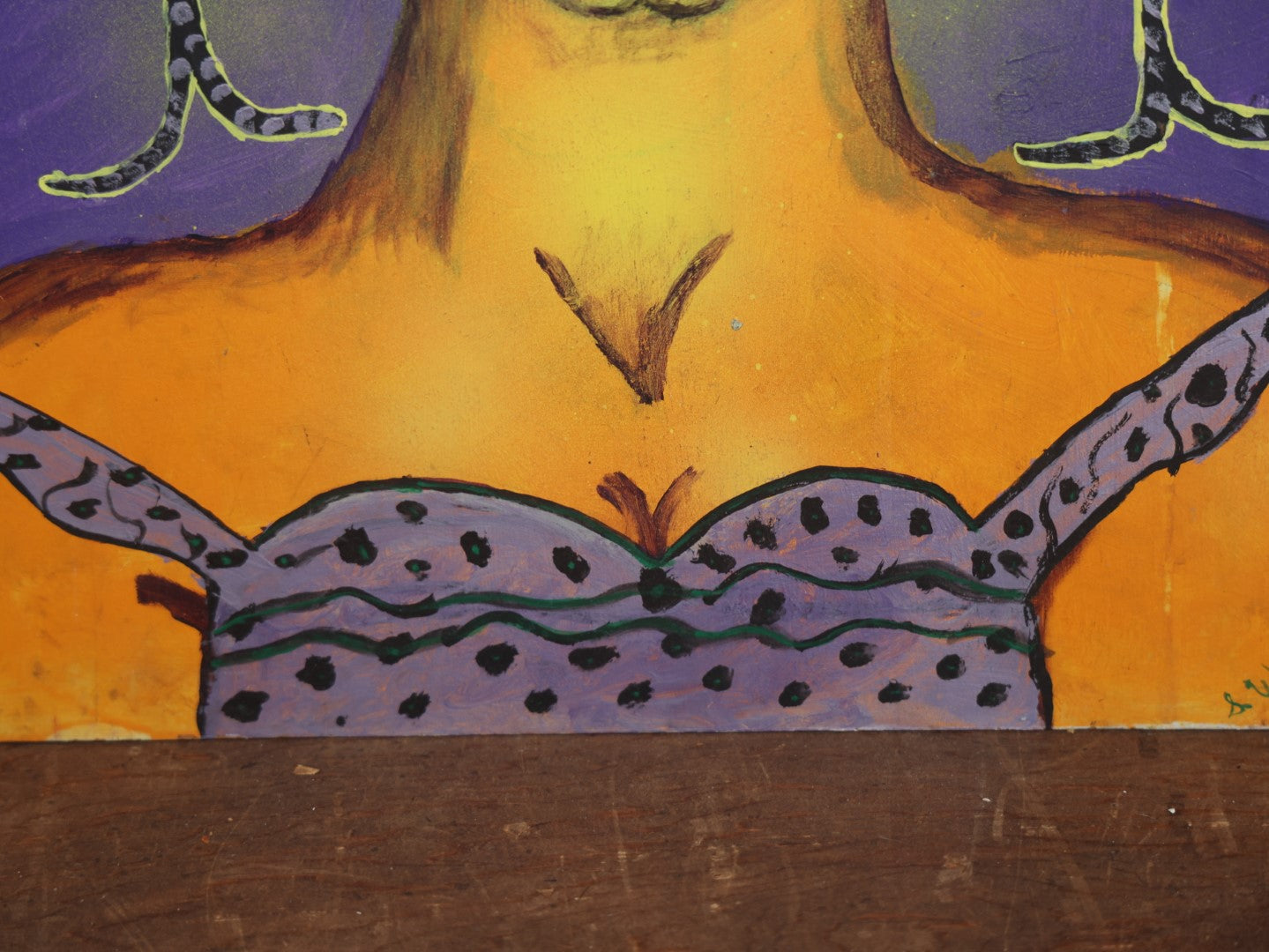 Lot 043 - Vintage Painting On Masonite Of A Strange Goddess Like Woman In Purple Dress, Crown, Signed S. Walshman, 1980