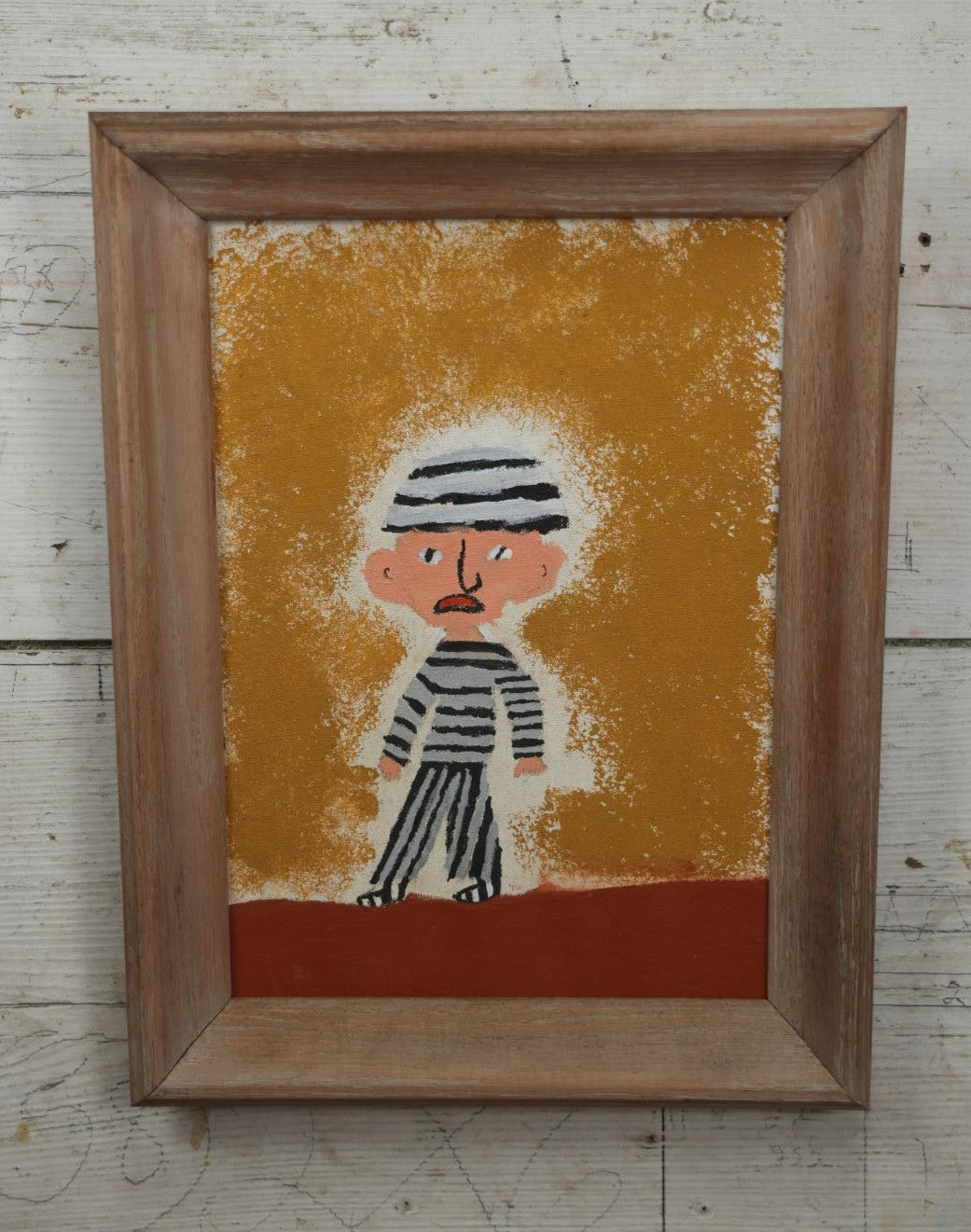 Lot 044 - Vintage Amateur Child's Painting Of Prisoner In Striped Jail Clothes, Signed Ina Warshawer, Lexington, Massachusetts