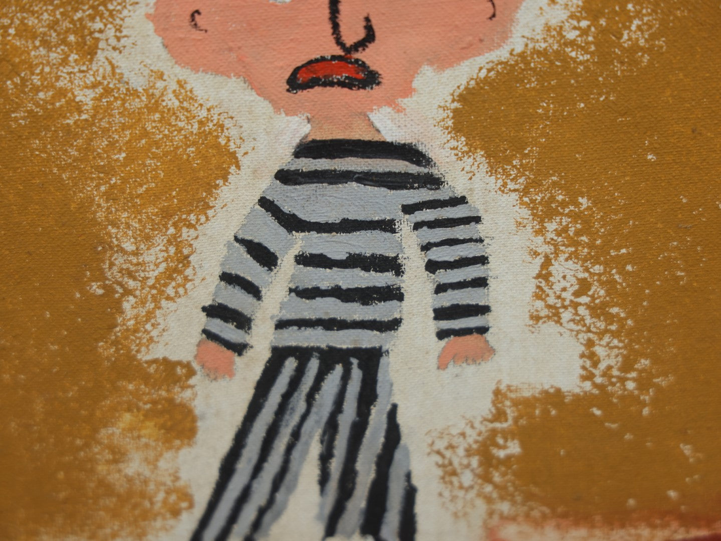 Lot 044 - Vintage Amateur Child's Painting Of Prisoner In Striped Jail Clothes, Signed Ina Warshawer, Lexington, Massachusetts