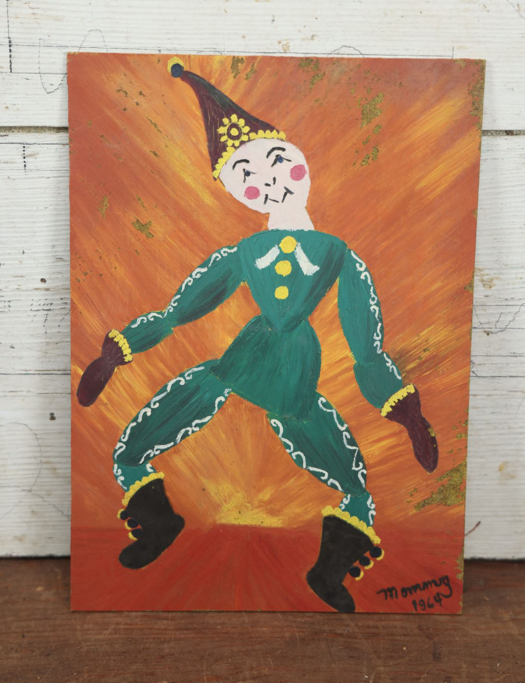 Lot 045 - Vintage Clown Jester Toy Painting On Masonite Board, Signed Mommy, 1964