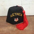 Lot 048 - Vintage Aletheia Shriners Masonic Fraternal Black Fez With Red Tassle, Genuine Leather Band, Made By Lou-Walt Corp, New York, New York , Size 6-3/4