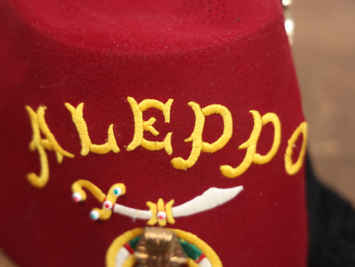 Lot 049 - Vintage Aleppo Shriners Masonic Fraternal Red Fez With Black Tassel, Bejeweled Brooch, Size 7-1/8