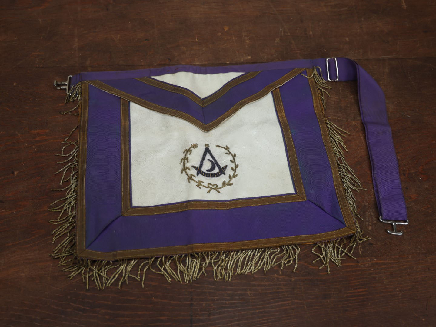 Lot 050 - Vintage Masonic Fraternal Apron With Purple Detailing, Metal Gold Fringe, Crescent Moon In Compass And Square, By Harding Uniform And Regalia Co., Boston, Massachusetts