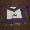 Lot 050 - Vintage Masonic Fraternal Apron With Purple Detailing, Metal Gold Fringe, Crescent Moon In Compass And Square, By Harding Uniform And Regalia Co., Boston, Massachusetts