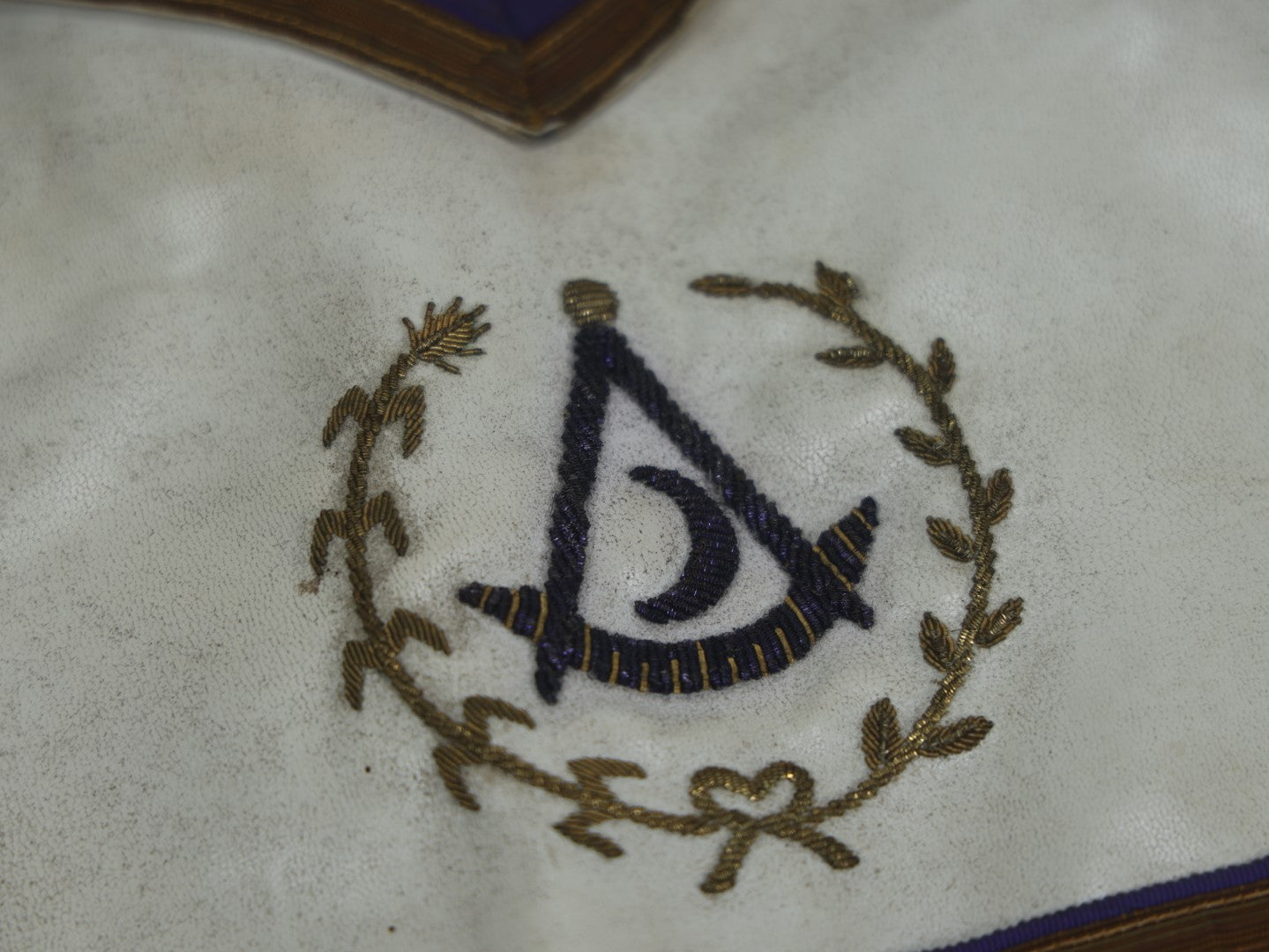 Lot 050 - Vintage Masonic Fraternal Apron With Purple Detailing, Metal Gold Fringe, Crescent Moon In Compass And Square, By Harding Uniform And Regalia Co., Boston, Massachusetts