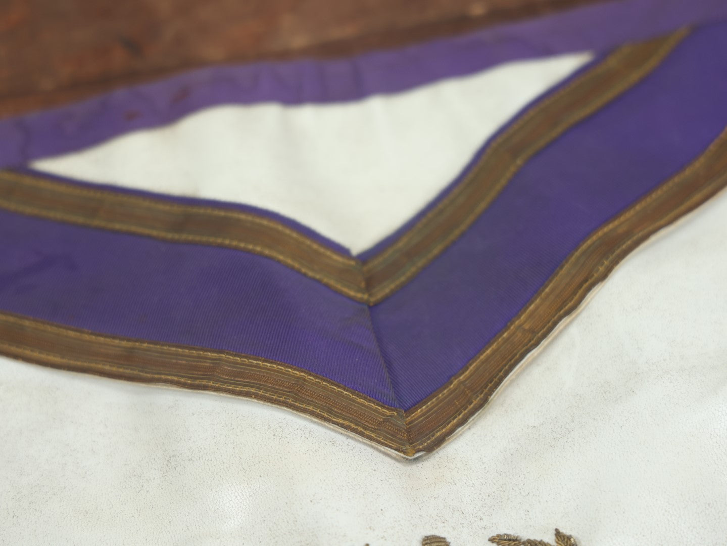 Lot 050 - Vintage Masonic Fraternal Apron With Purple Detailing, Metal Gold Fringe, Crescent Moon In Compass And Square, By Harding Uniform And Regalia Co., Boston, Massachusetts