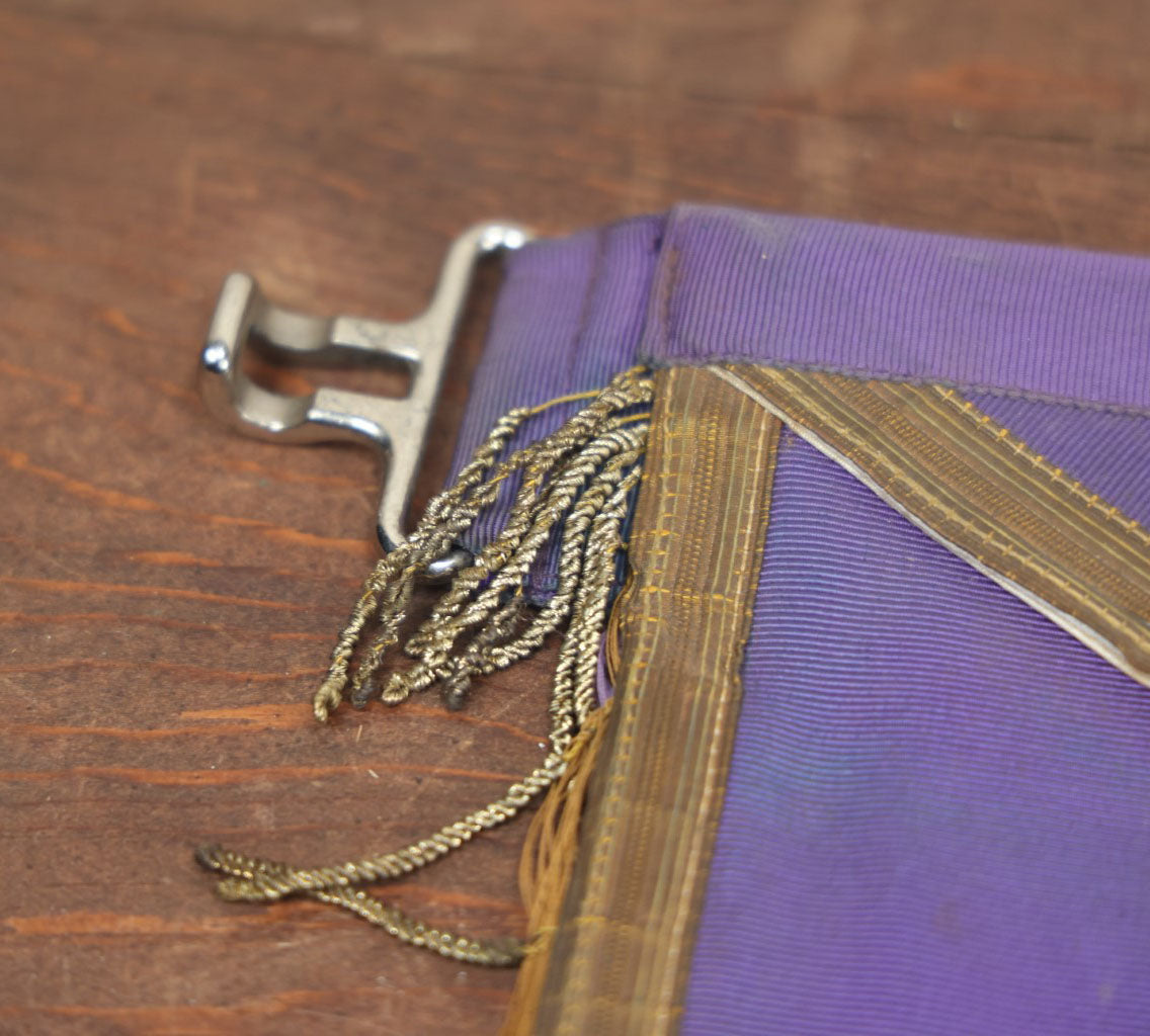 Lot 050 - Vintage Masonic Fraternal Apron With Purple Detailing, Metal Gold Fringe, Crescent Moon In Compass And Square, By Harding Uniform And Regalia Co., Boston, Massachusetts