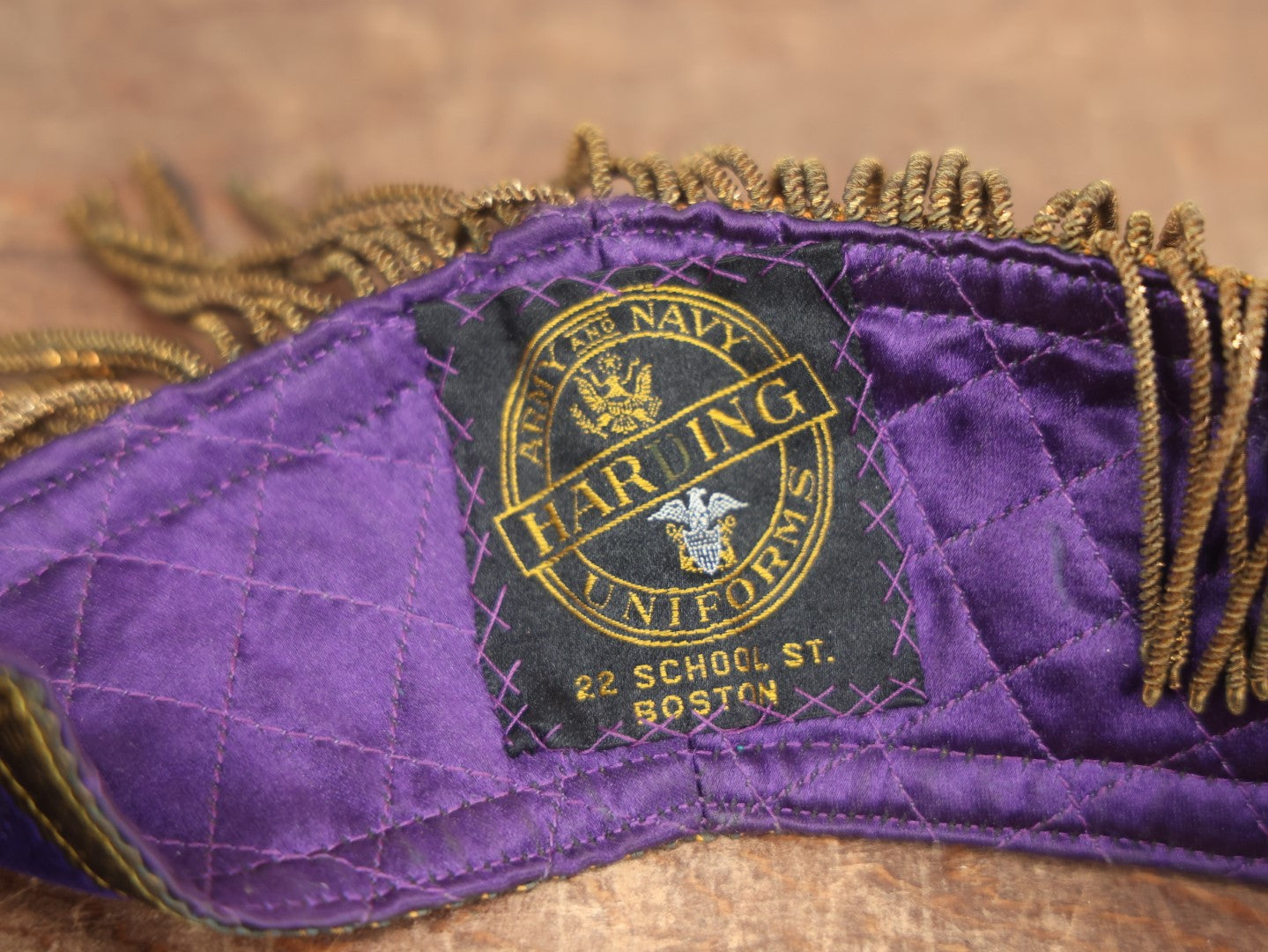 Lot 052 - Vintage Purple Velvet Odd Fellows I.O.O.F. Sash Collar With Vine And Leaves, Crossed Staffs Symbol, Tassels, By Harding Army And Navy Uniforms, Boston, Massachusetts