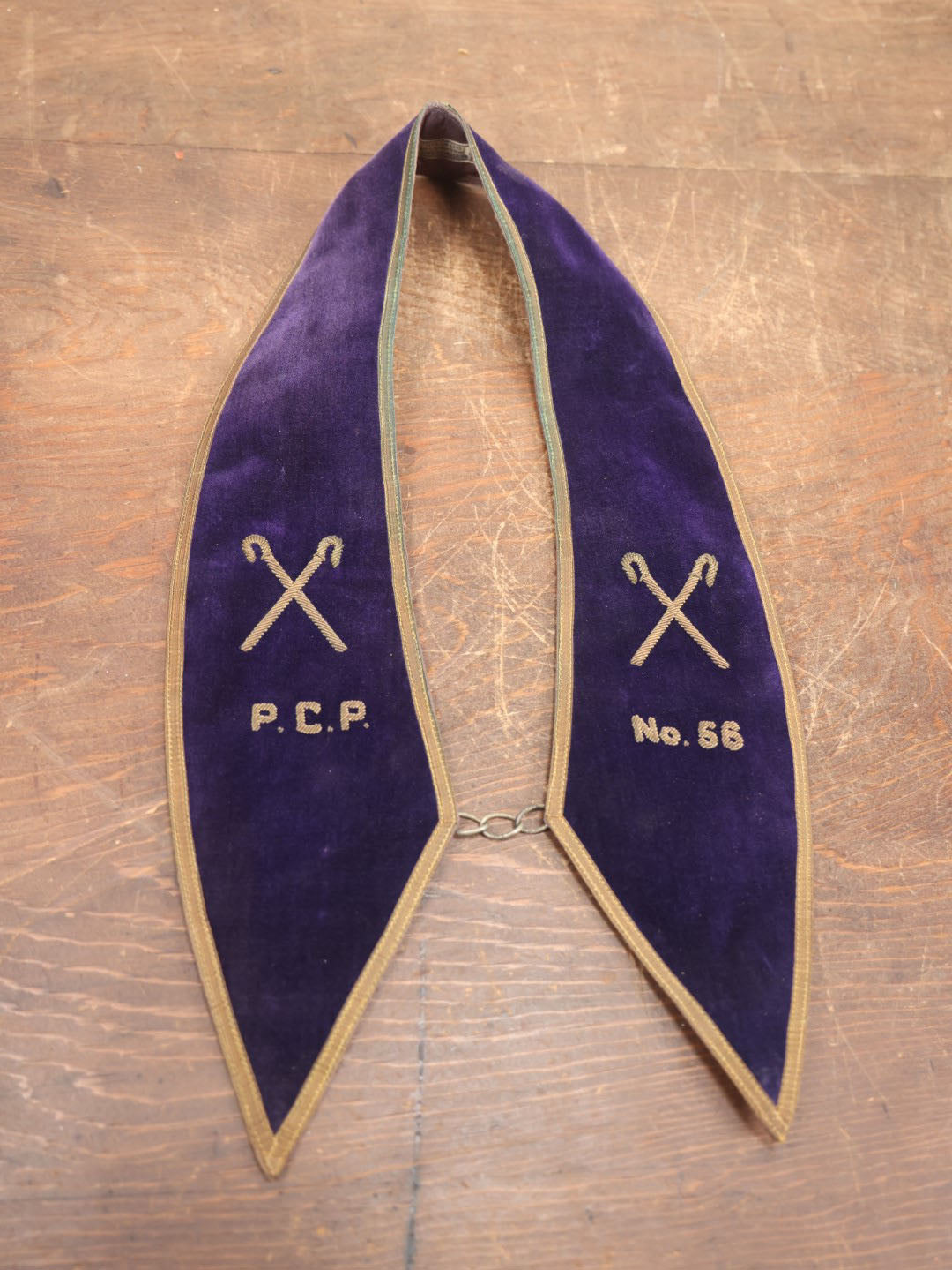 Lot 053 - Vintage Purple Velvet Odd Fellows I.O.O.F. Sash Collar, P.C.P. Past Chief Patriarch, Crossed Staffs Symbol, Lodge No. 56, Boston Regalia Company