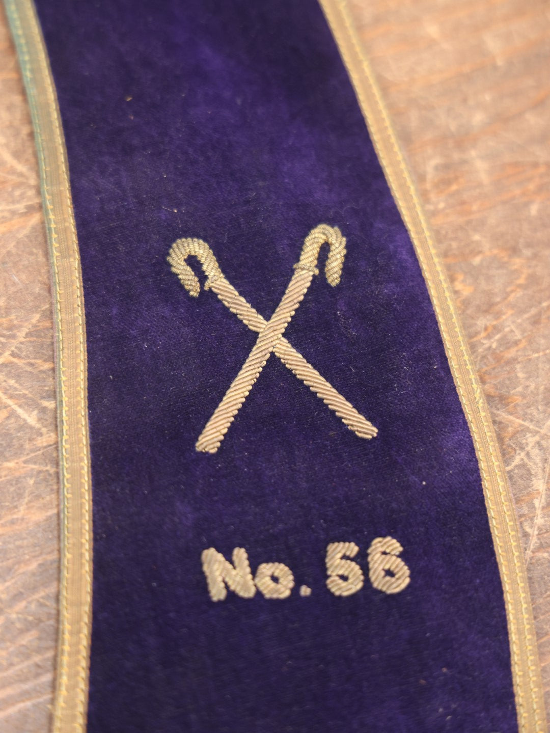 Lot 053 - Vintage Purple Velvet Odd Fellows I.O.O.F. Sash Collar, P.C.P. Past Chief Patriarch, Crossed Staffs Symbol, Lodge No. 56, Boston Regalia Company