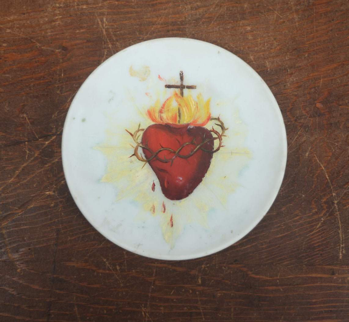 Lot 057 - Antique Hand Painted Sacred Heart Of Jesus, Flaming Heart With Cross, On White Glass Plate