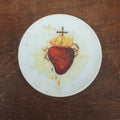 Lot 057 - Antique Hand Painted Sacred Heart Of Jesus, Flaming Heart With Cross, On White Glass Plate