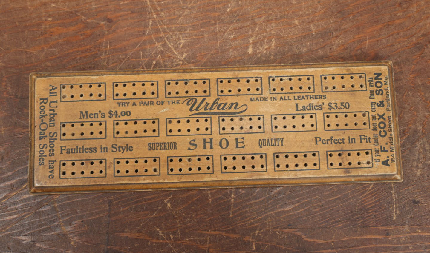 Lot 058 - Vintage Urban Shoe & A.F. Cox & Son Advertising Cribbage Game Board, Portland, Maine