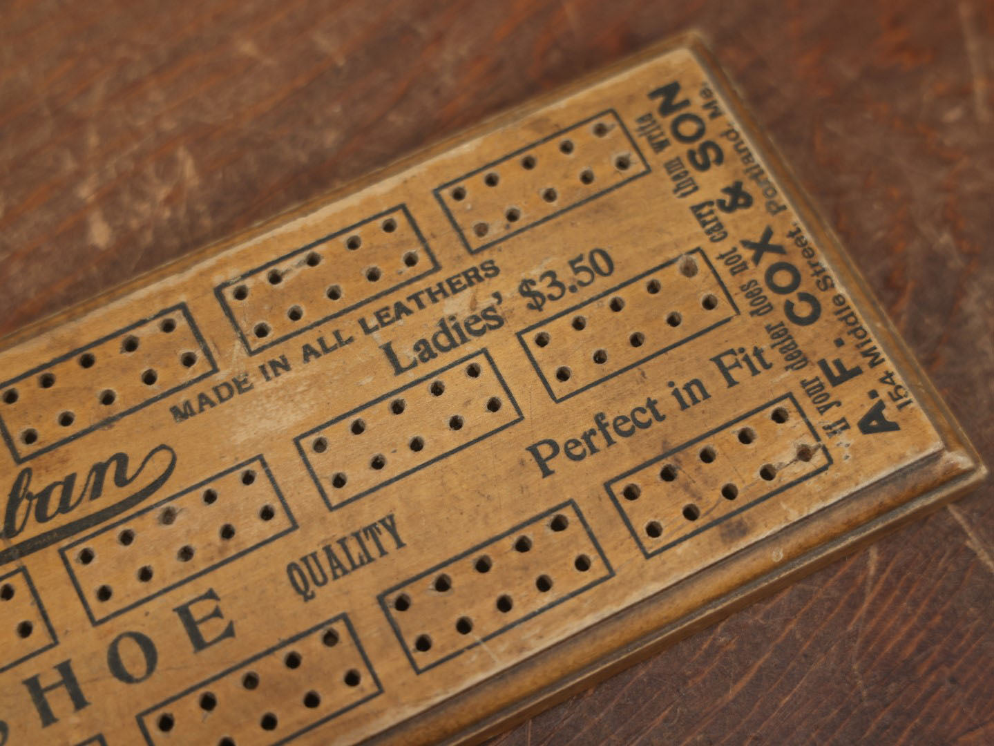 Lot 058 - Vintage Urban Shoe & A.F. Cox & Son Advertising Cribbage Game Board, Portland, Maine