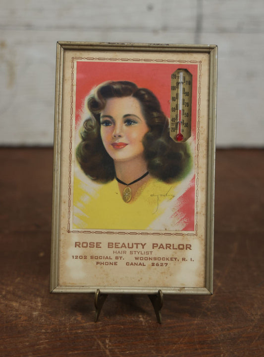 Lot 062 - Vintage Pin-Up Thermometer Advertising Rose Beauty Parlor, Hair Stylist, Providence, Rhode Island