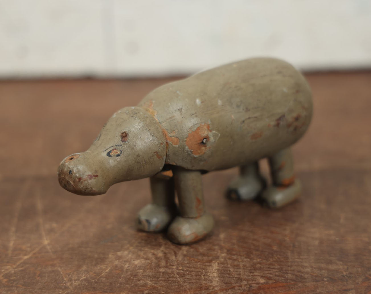 Lot 068 - Vintage Carved Wooden Hippo Toy With Movable Legs, Note Missing Ears, Tail, Loss To Wood