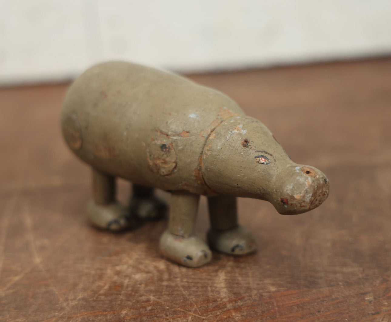 Lot 068 - Vintage Carved Wooden Hippo Toy With Movable Legs, Note Missing Ears, Tail, Loss To Wood