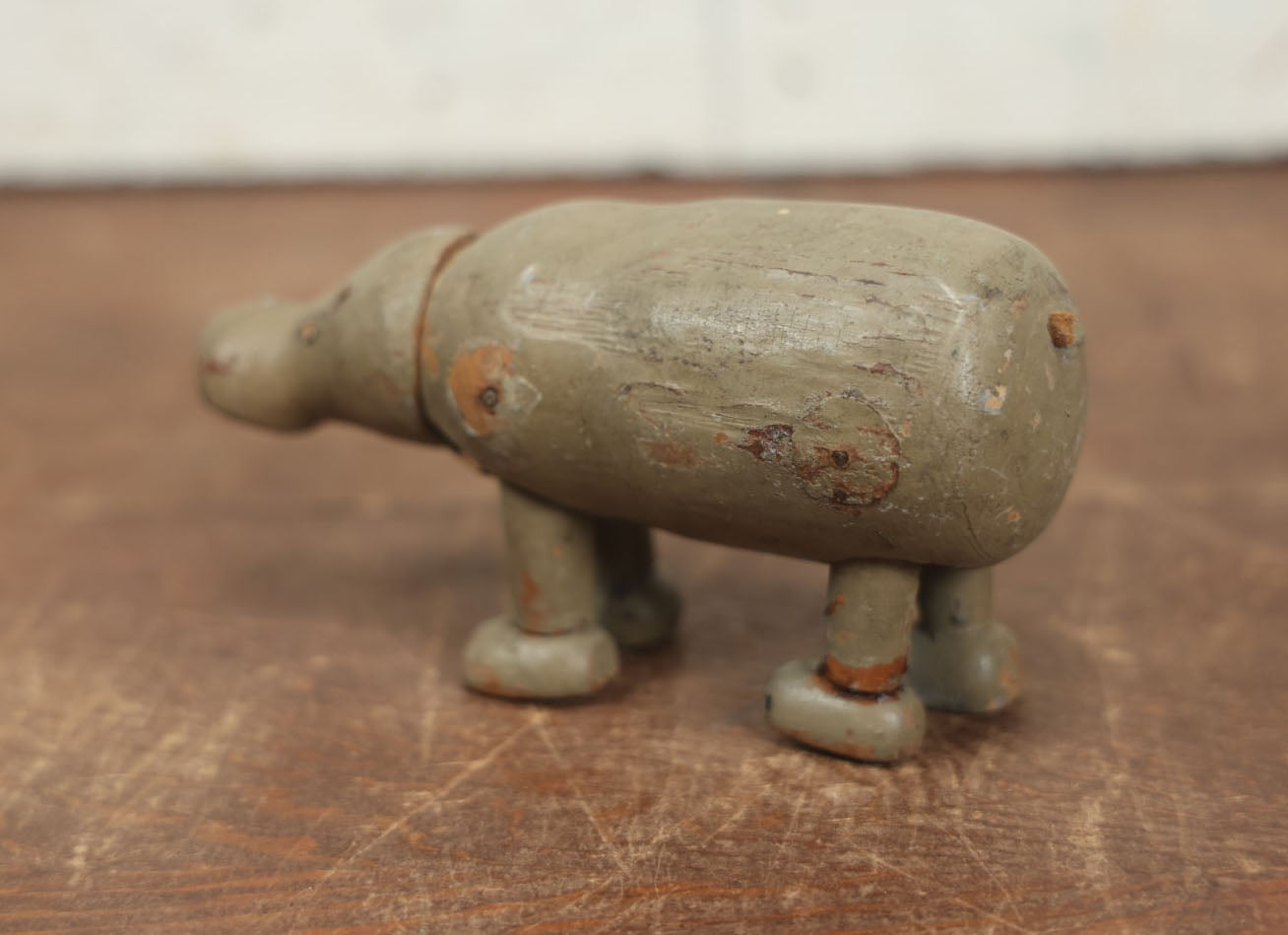 Lot 068 - Vintage Carved Wooden Hippo Toy With Movable Legs, Note Missing Ears, Tail, Loss To Wood