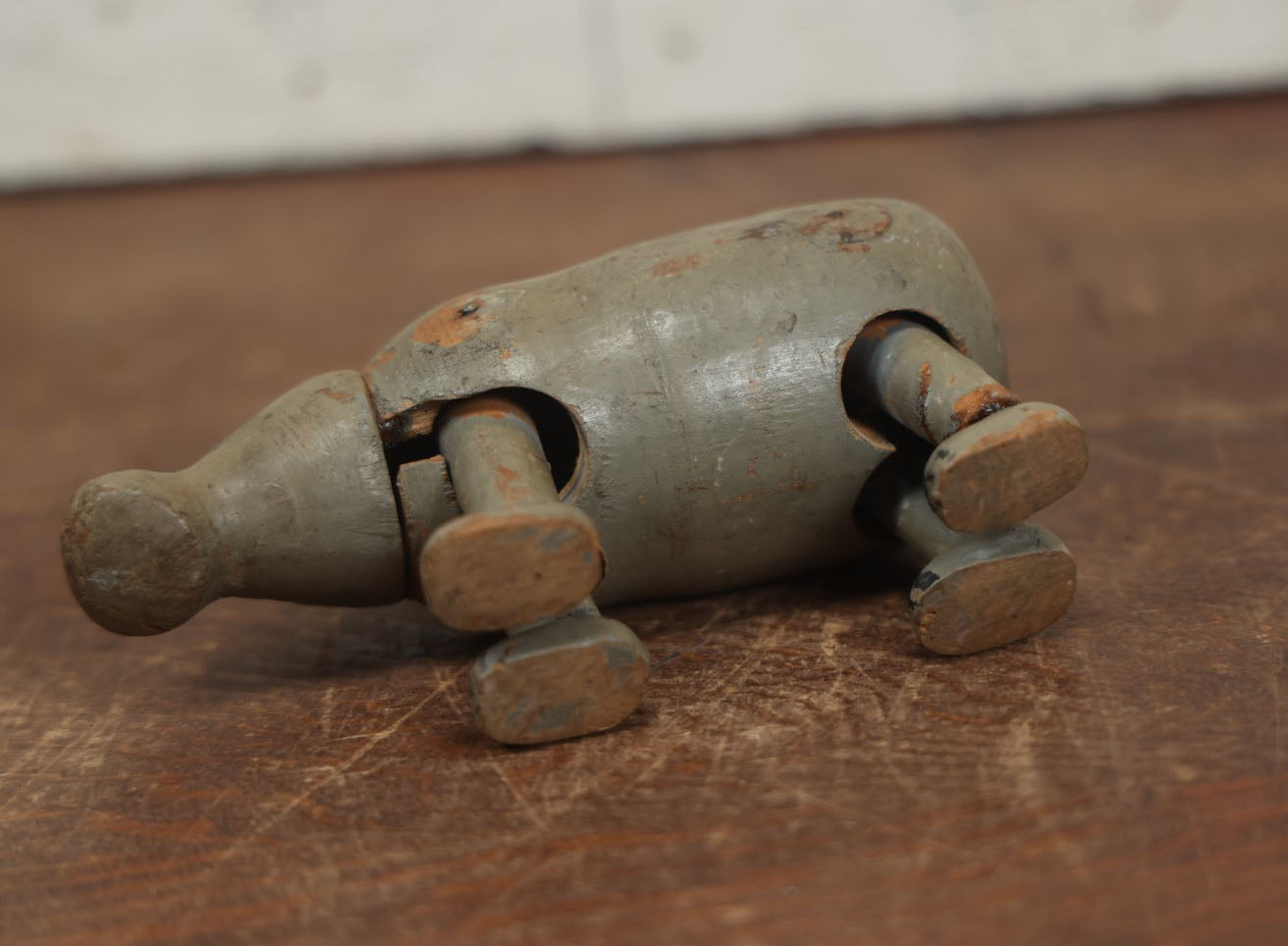 Lot 068 - Vintage Carved Wooden Hippo Toy With Movable Legs, Note Missing Ears, Tail, Loss To Wood