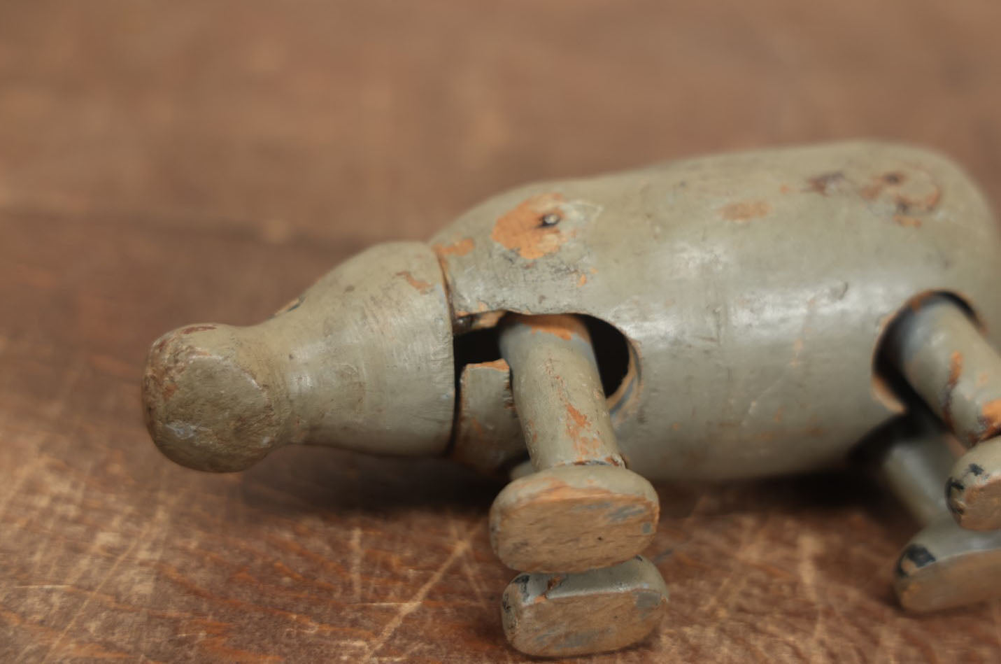 Lot 068 - Vintage Carved Wooden Hippo Toy With Movable Legs, Note Missing Ears, Tail, Loss To Wood