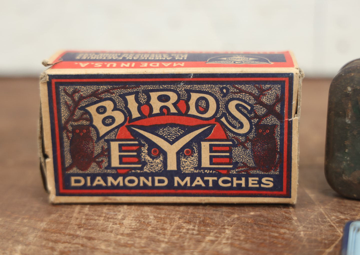 Lot 074 - Grouping Of Four Antique And Vintage Tins And Boxes - Birds Eye Matches, Idle Hour Cut Plug Tobacco, Rubicon Smoking Mixture, Rexall Orderlies Laxative