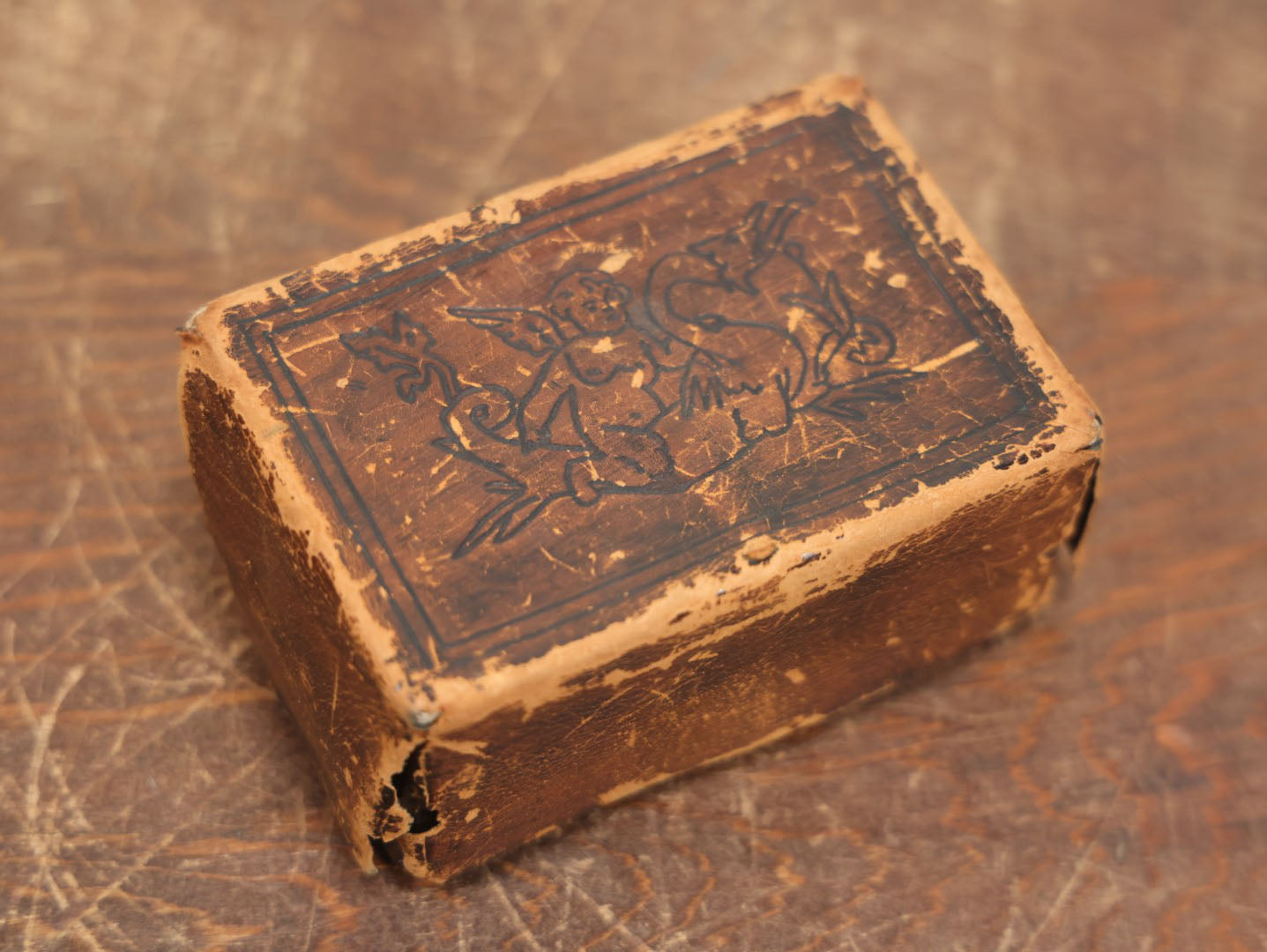 Lot 079 - Antique Hand Tooled Leather Sewing Box With Contents, Belonged To Grandmother, Note Wear To Box