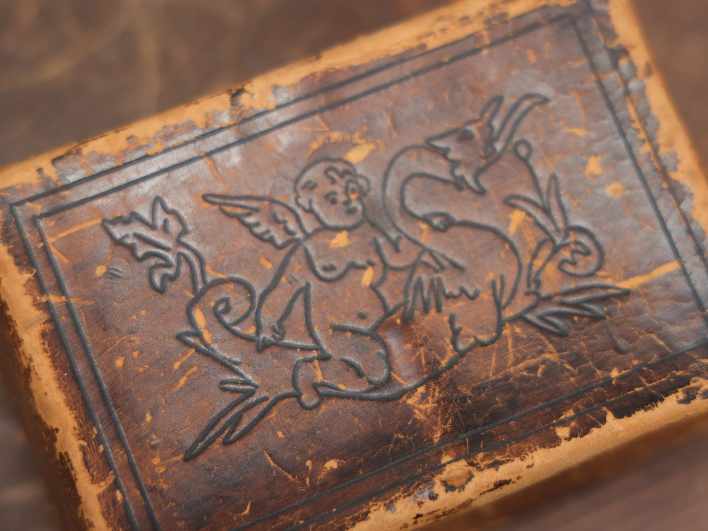 Lot 079 - Antique Hand Tooled Leather Sewing Box With Contents, Belonged To Grandmother, Note Wear To Box