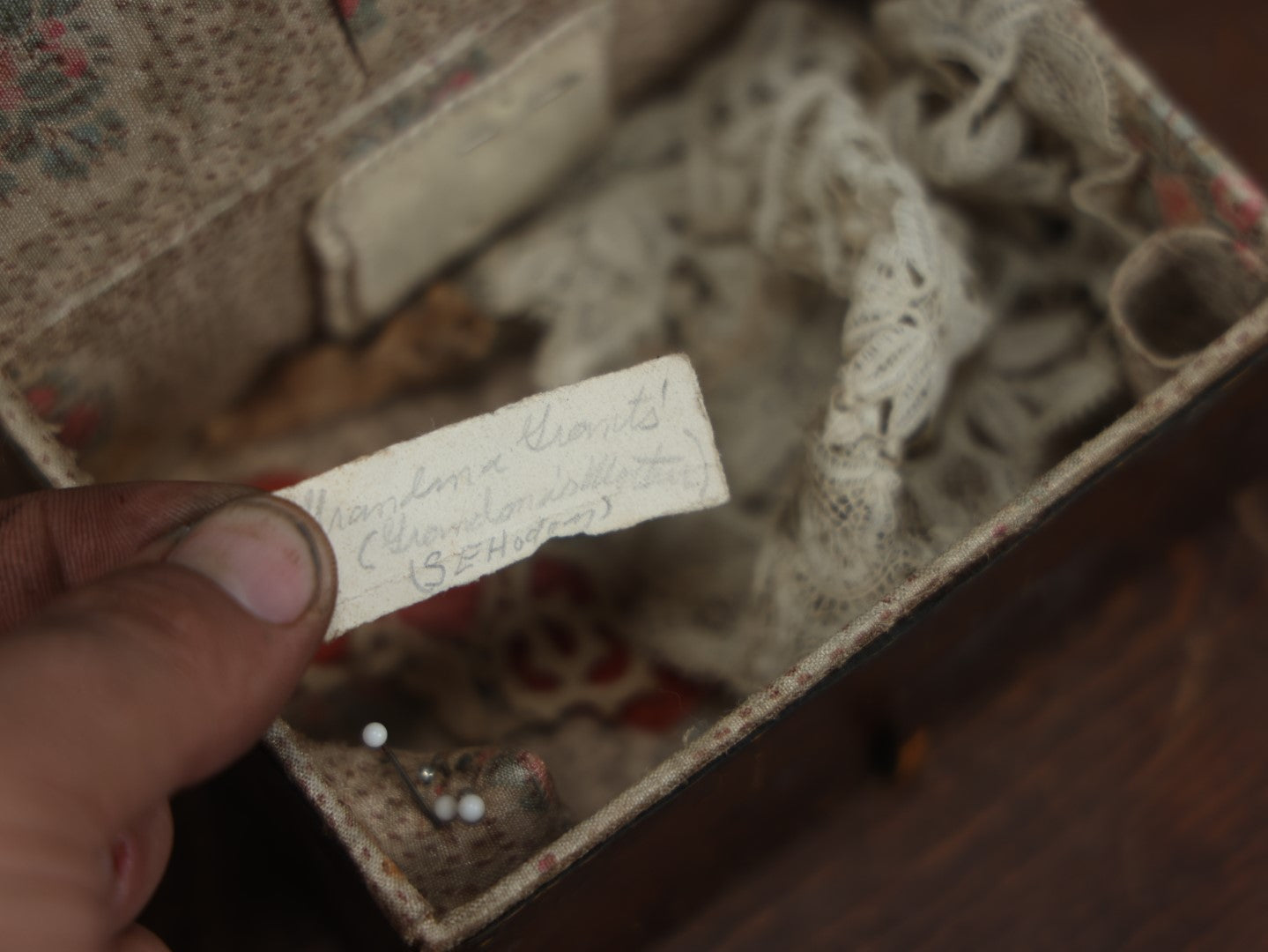 Lot 079 - Antique Hand Tooled Leather Sewing Box With Contents, Belonged To Grandmother, Note Wear To Box