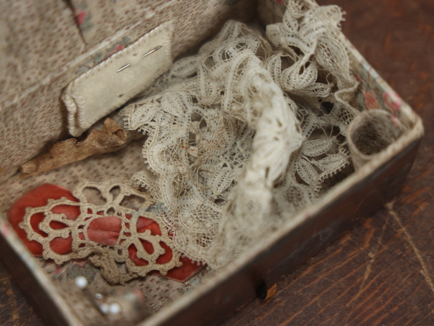 Lot 079 - Antique Hand Tooled Leather Sewing Box With Contents, Belonged To Grandmother, Note Wear To Box